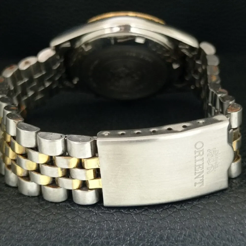 Vintage 1989 Orient Automatic Mens Silver Watch W/daydate & Gold accents